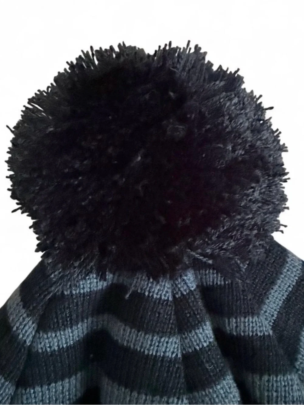 Nike Youth Kids Pom Pom Beanie - Black + Gray Striped with Swoosh